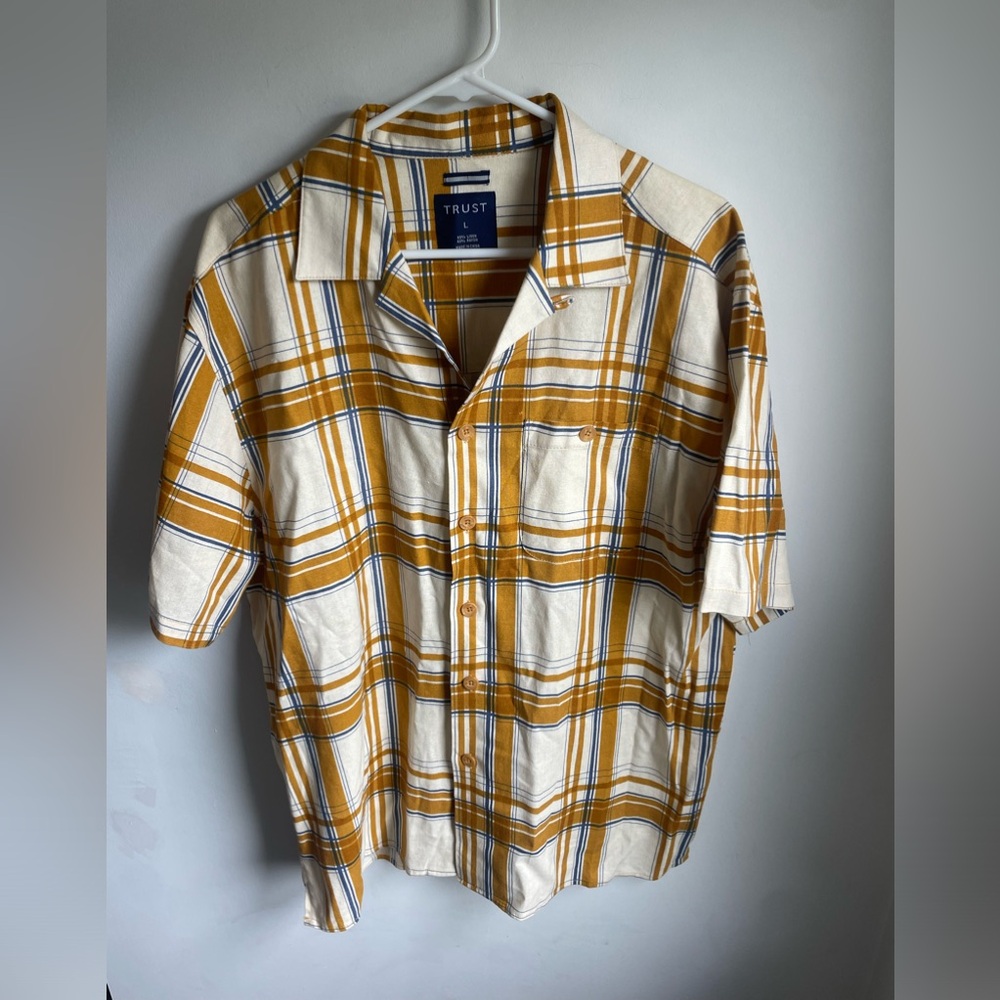 Trust Yellow Plaid Vintage Style Linen Short Sleeve Collared shirt Men’s Large - Picture 1 of 4